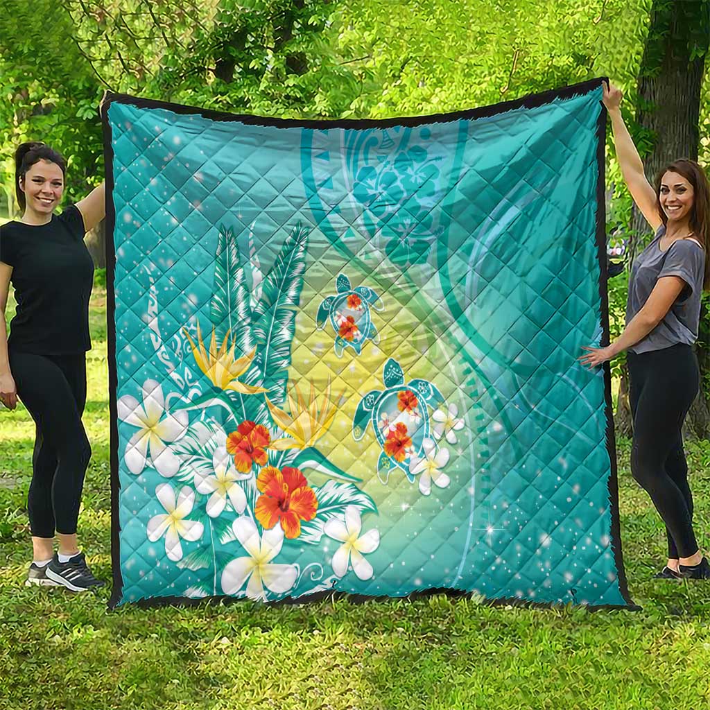 Hawaii Honu Quilt - Tropical Flowers Turquoise Gradient LT05 - Polynesian Pride