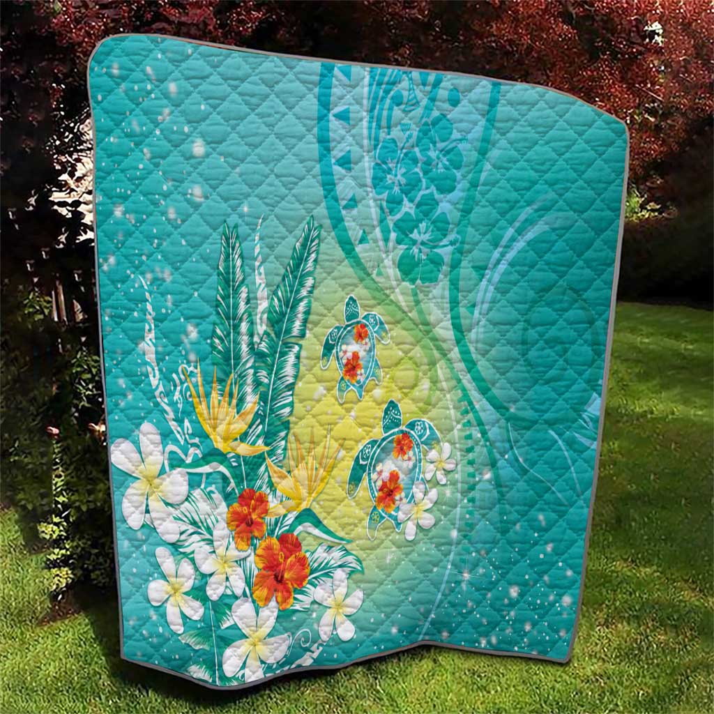 Hawaii Honu Quilt - Tropical Flowers Turquoise Gradient LT05 - Polynesian Pride