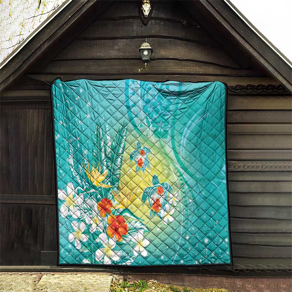 Hawaii Honu Quilt - Tropical Flowers Turquoise Gradient LT05 - Polynesian Pride