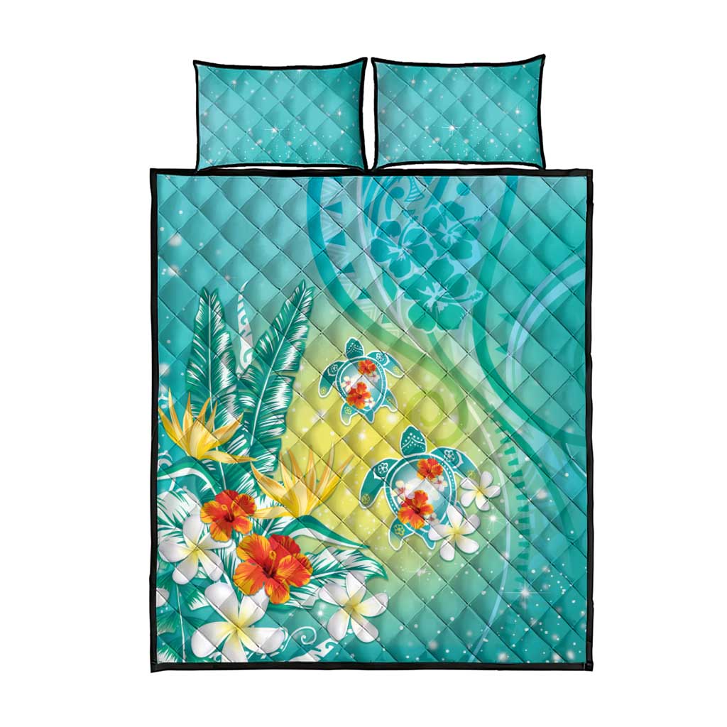 Hawaii Honu Quilt Bed Set Tropical Flowers Turquoise Gradient LT05 - Polynesian Pride