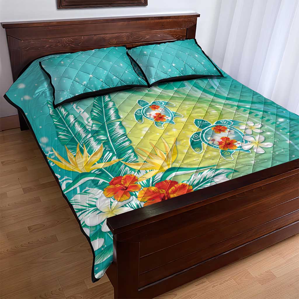 Hawaii Honu Quilt Bed Set Tropical Flowers Turquoise Gradient LT05 - Polynesian Pride