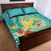 Hawaii Honu Quilt Bed Set Tropical Flowers Turquoise Gradient LT05 - Polynesian Pride
