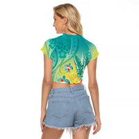 Hawaii Honu Raglan Cropped T Shirt Tropical Flowers Turquoise Gradient LT05 - Polynesian Pride