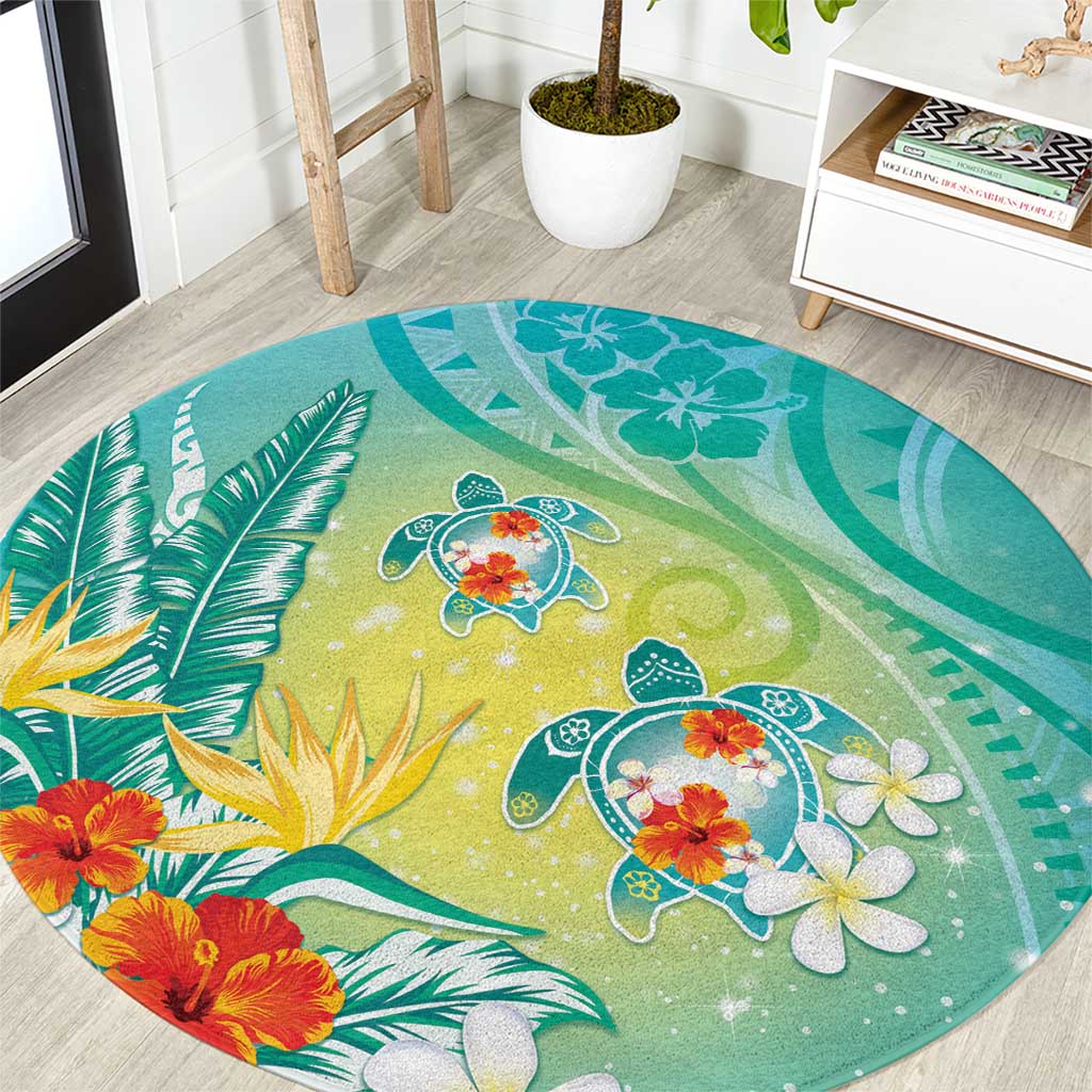 Hawaii Honu Round Carpet Tropical Flowers Turquoise Gradient LT05 Turquoise - Polynesian Pride