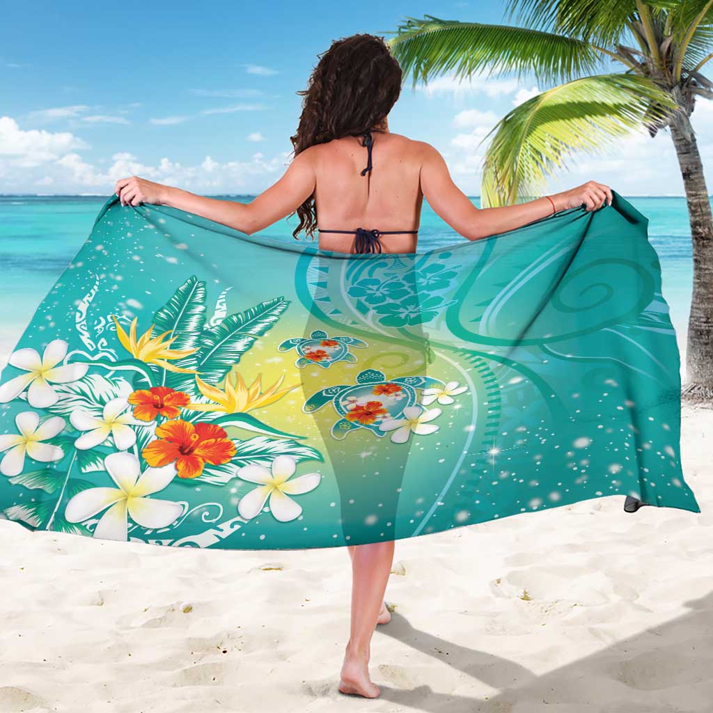 Hawaii Honu Sarong Tropical Flowers Turquoise Gradient LT05 - Polynesian Pride