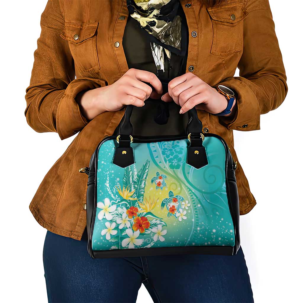 Hawaii Honu Shoulder Handbag Tropical Flowers Turquoise Gradient LT05 - Polynesian Pride