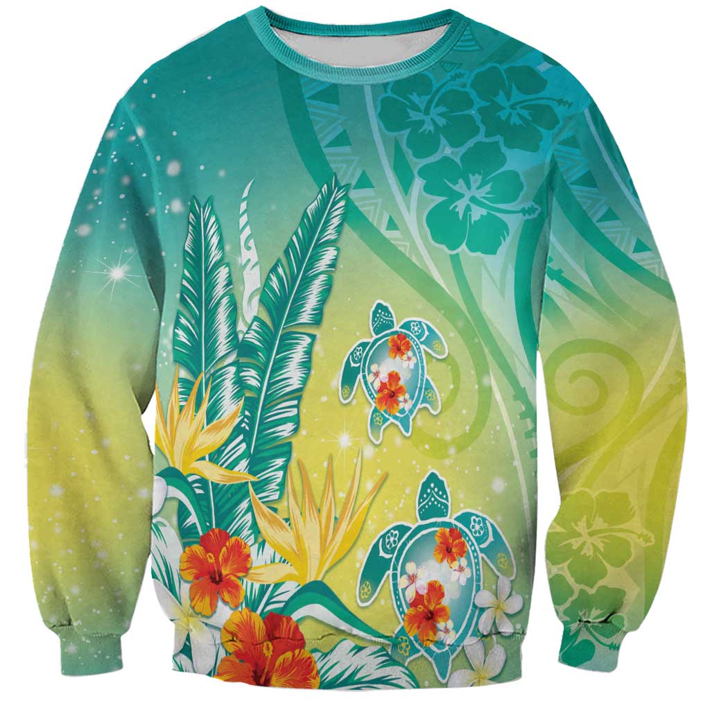Hawaii Honu Sweatshirt Tropical Flowers Turquoise Gradient LT05 Unisex Turquoise - Polynesian Pride