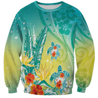 Hawaii Honu Sweatshirt Tropical Flowers Turquoise Gradient LT05 Unisex Turquoise - Polynesian Pride