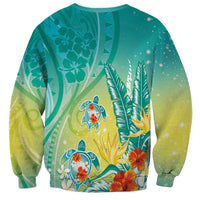 Hawaii Honu Sweatshirt Tropical Flowers Turquoise Gradient LT05 - Polynesian Pride
