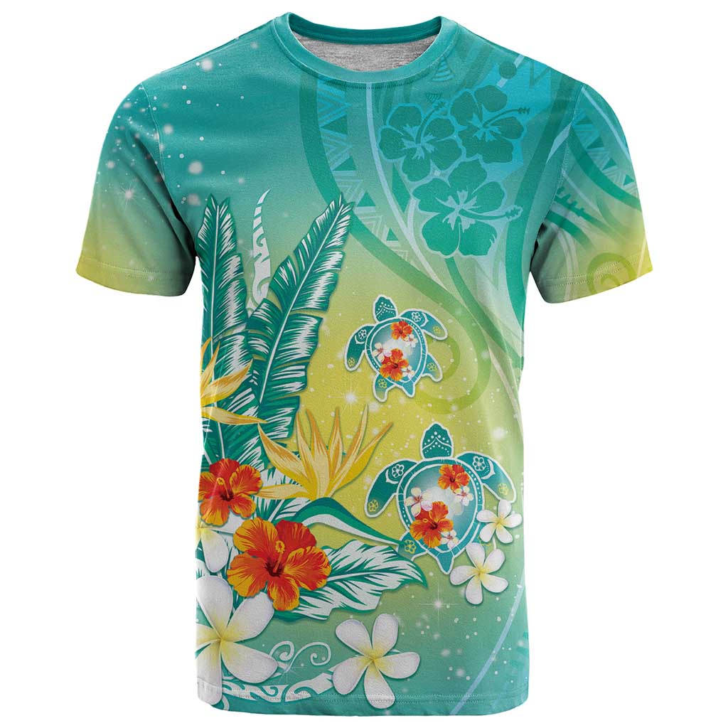 Hawaii Honu T Shirt Tropical Flowers Turquoise Gradient LT05 Turquoise - Polynesian Pride