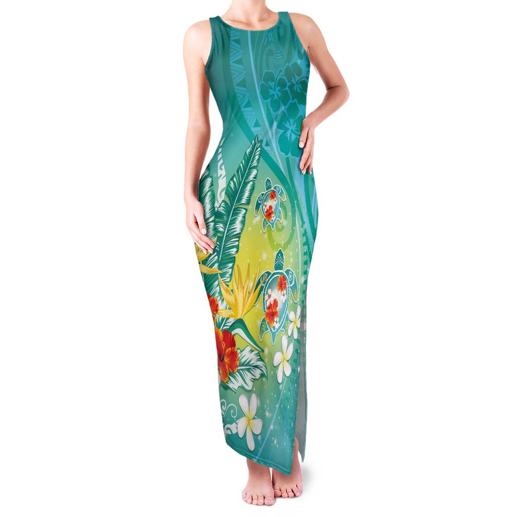 Hawaii Honu Tank Maxi Dress Tropical Flowers Turquoise Gradient