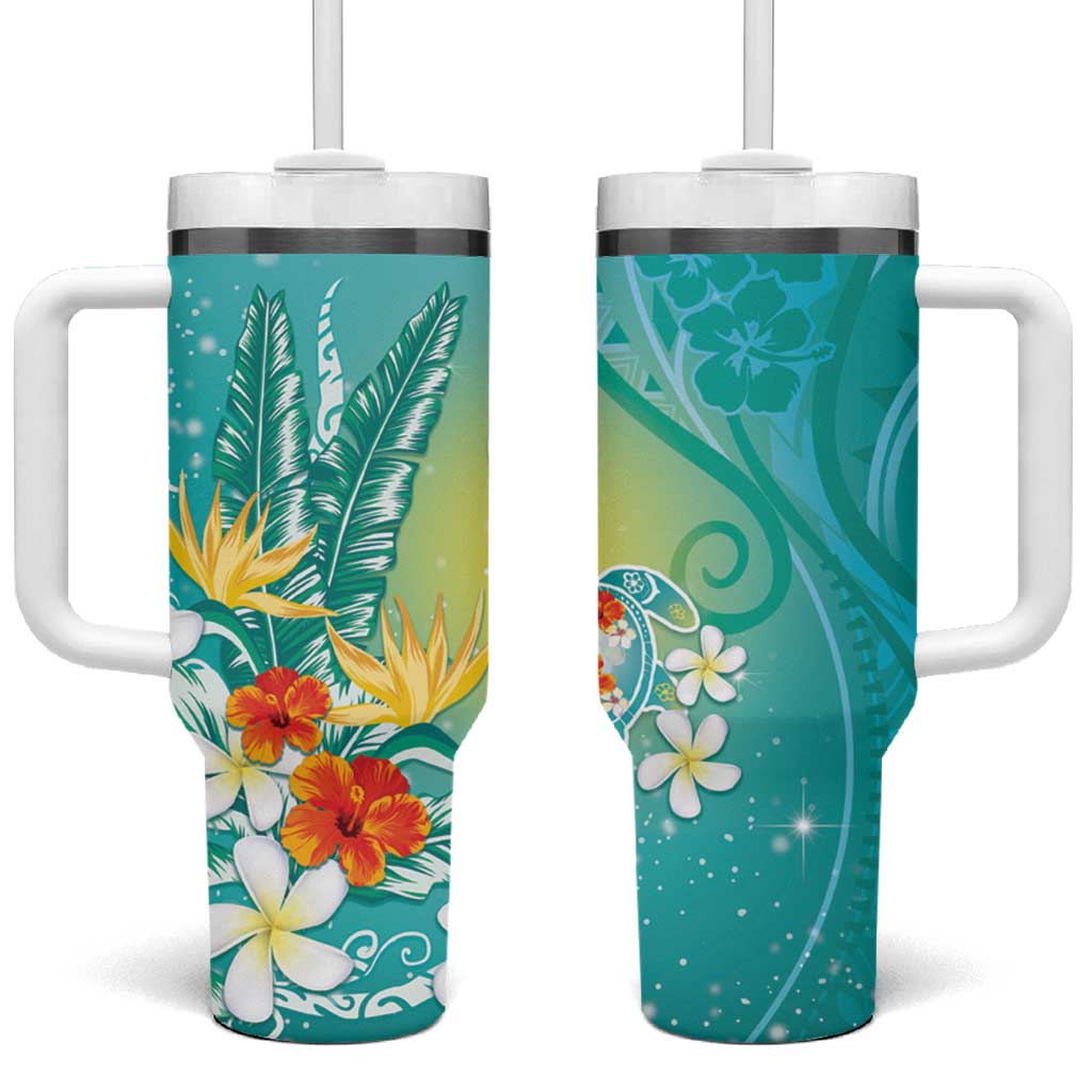 Hawaii Honu Tumbler With Handle Tropical Flowers Turquoise Gradient LT05 One Size: 40 oz Turquoise - Polynesian Pride