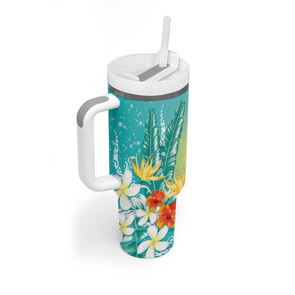 Hawaii Honu Tumbler With Handle Tropical Flowers Turquoise Gradient LT05 - Polynesian Pride