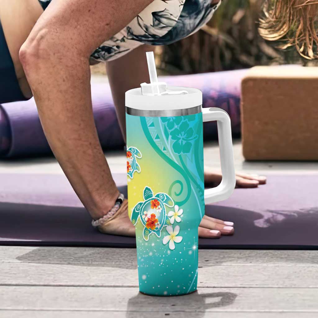 Hawaii Honu Tumbler With Handle Tropical Flowers Turquoise Gradient LT05 - Polynesian Pride