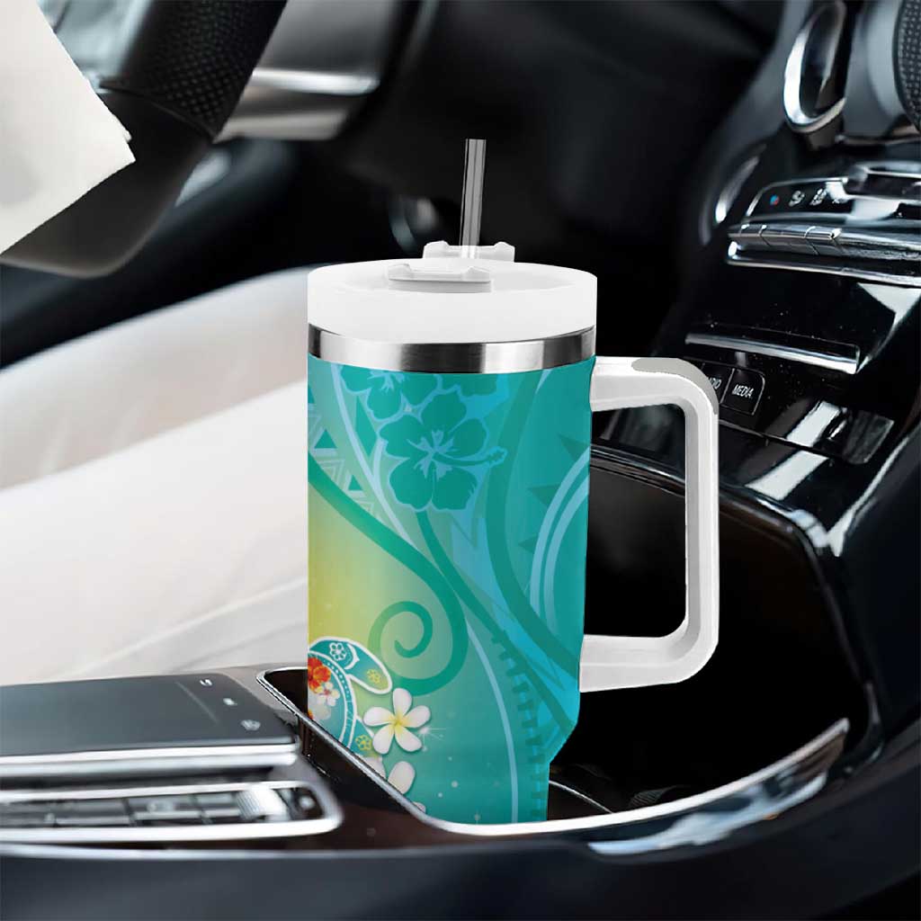 Hawaii Honu Tumbler With Handle Tropical Flowers Turquoise Gradient LT05 - Polynesian Pride