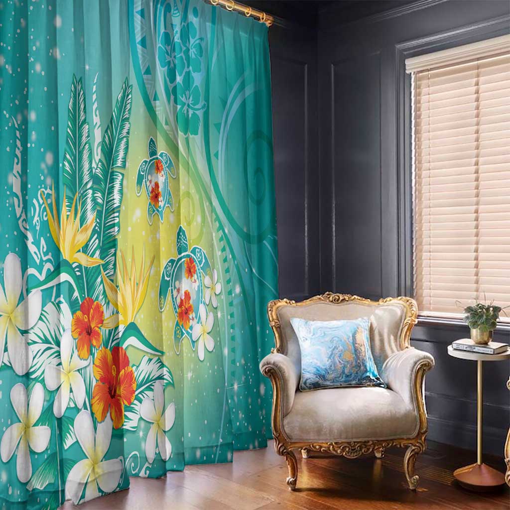 Hawaii Honu Window Curtain Tropical Flowers Turquoise Gradient LT05 - Polynesian Pride
