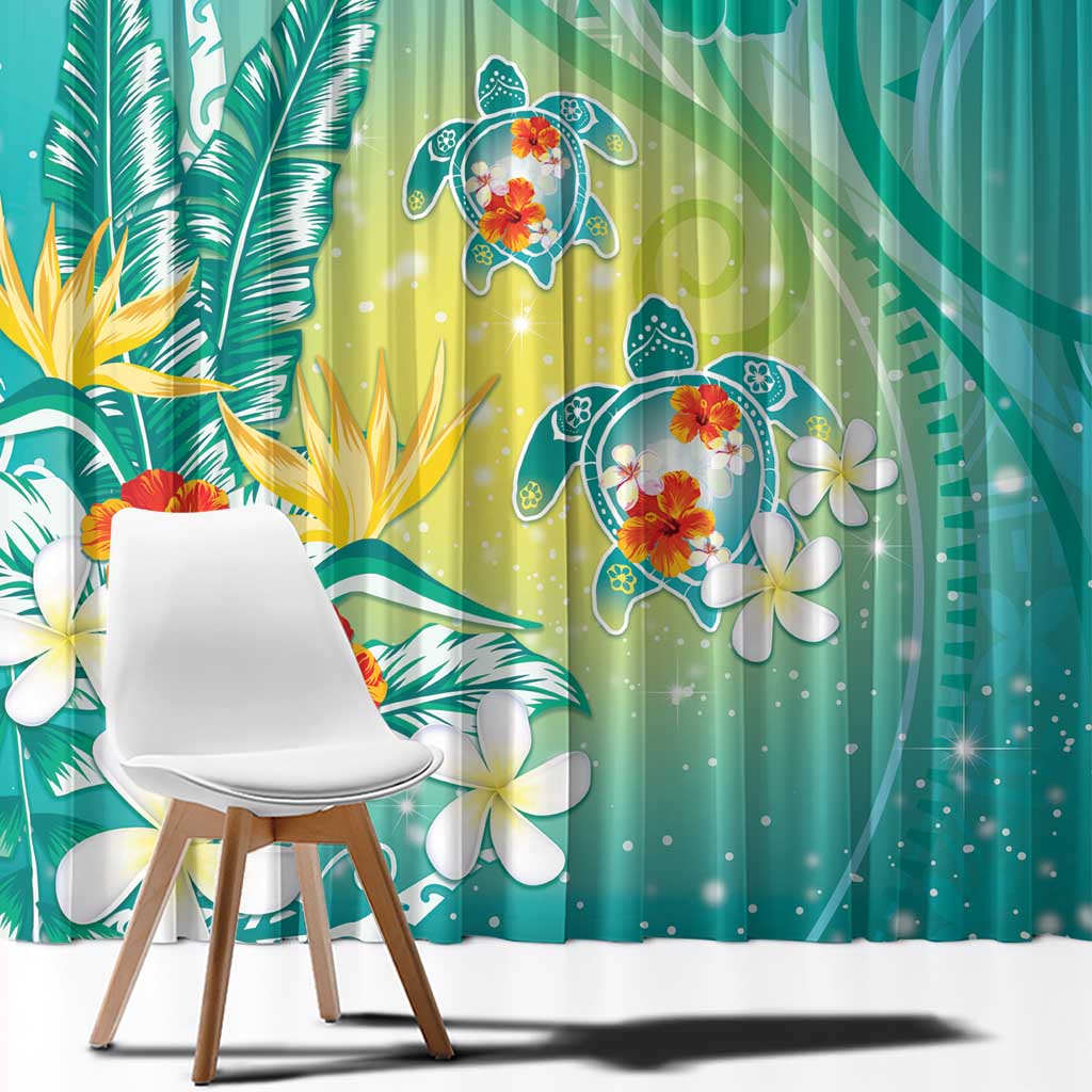 Hawaii Honu Window Curtain Tropical Flowers Turquoise Gradient LT05 - Polynesian Pride
