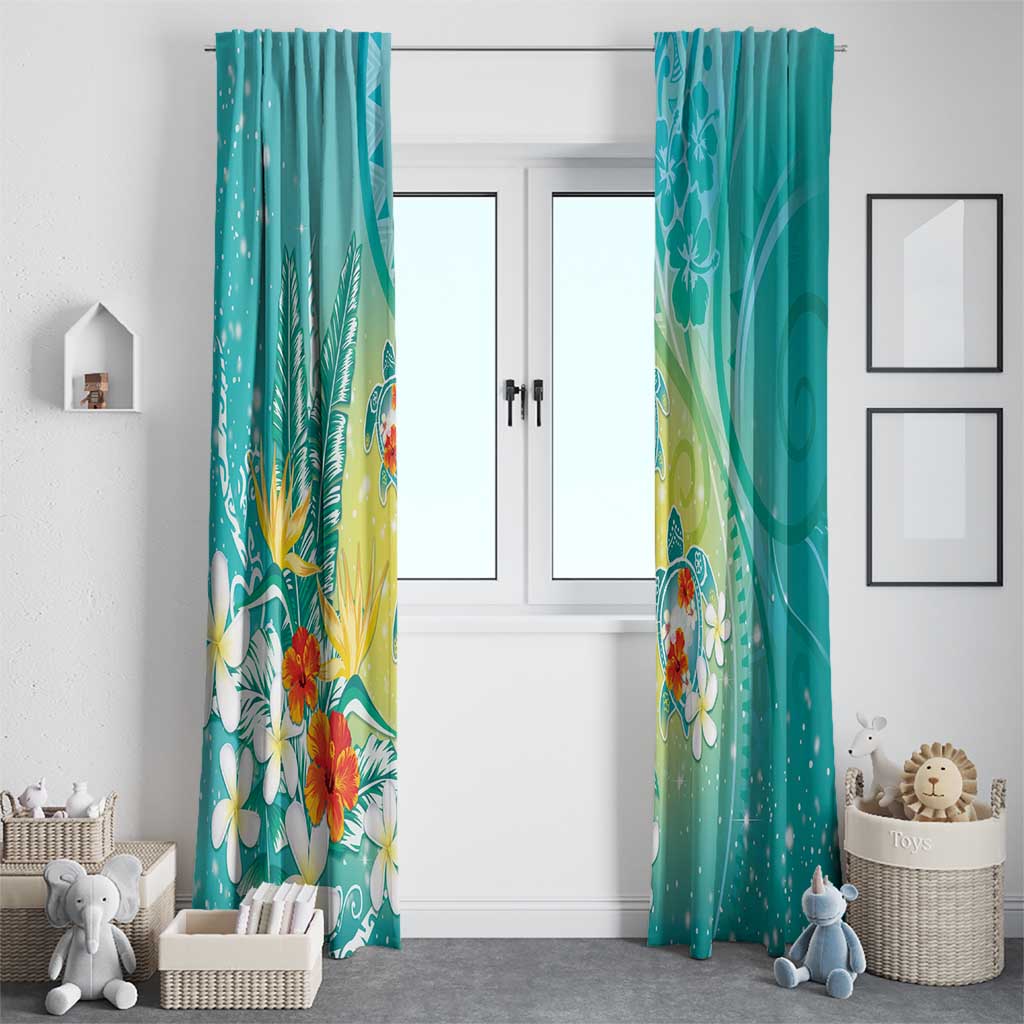 Hawaii Honu Window Curtain Tropical Flowers Turquoise Gradient LT05 - Polynesian Pride