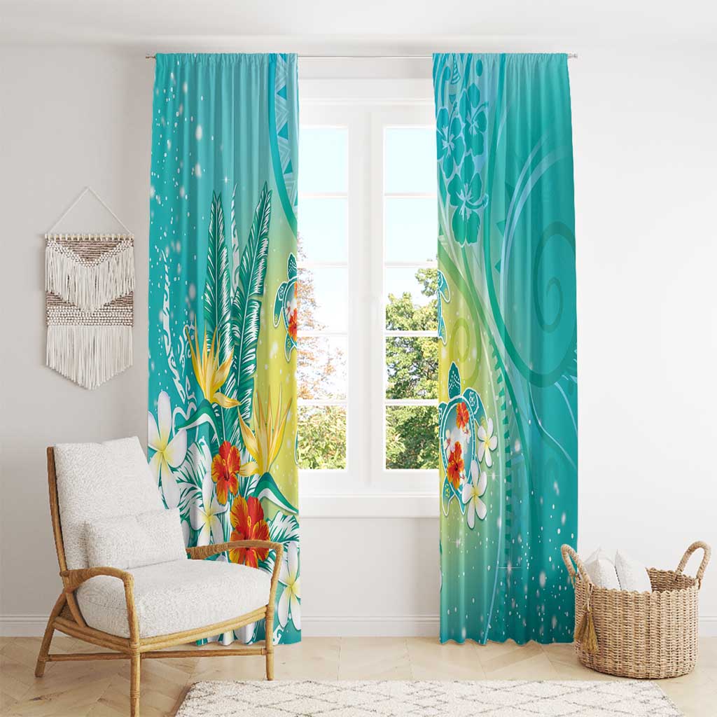 Hawaii Honu Window Curtain Tropical Flowers Turquoise Gradient LT05 - Polynesian Pride