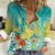 Hawaii Honu Women Casual Shirt Tropical Flowers Turquoise Gradient