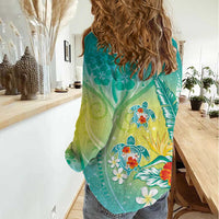 Hawaii Honu Women Casual Shirt Tropical Flowers Turquoise Gradient LT05 - Polynesian Pride