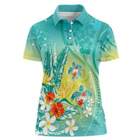 Hawaii Honu Women Polo Shirt Tropical Flowers Turquoise Gradient LT05 Female Turquoise - Polynesian Pride
