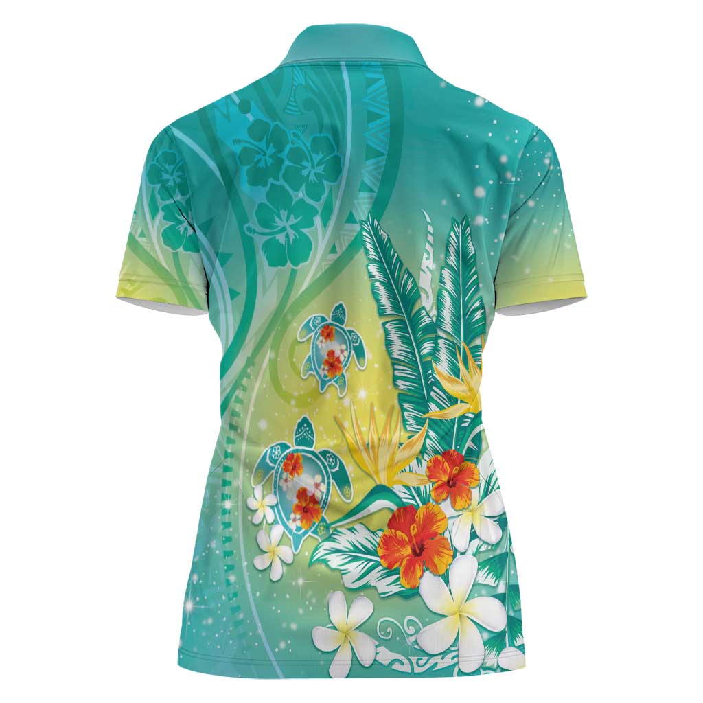 Hawaii Honu Women Polo Shirt Tropical Flowers Turquoise Gradient LT05 - Polynesian Pride