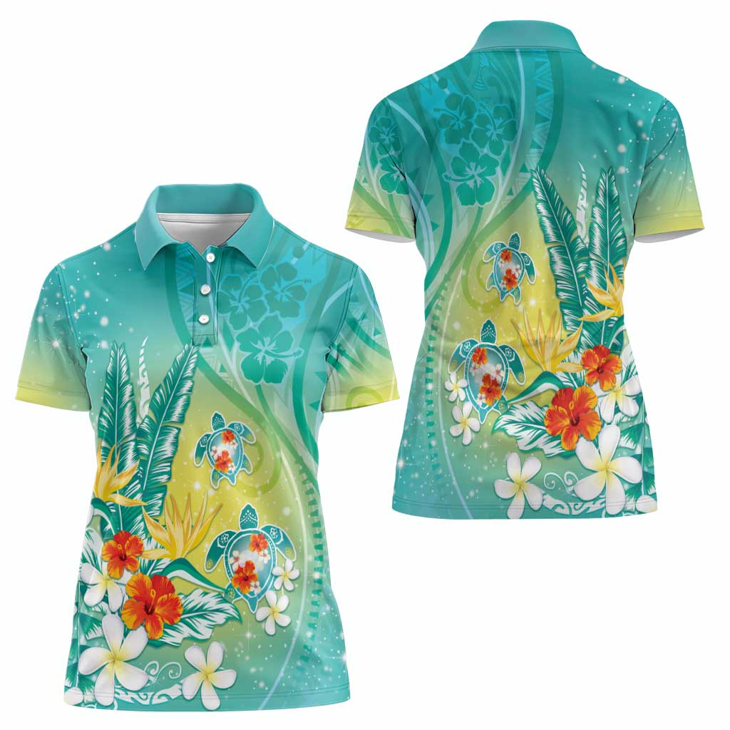 Hawaii Honu Women Polo Shirt Tropical Flowers Turquoise Gradient LT05 - Polynesian Pride