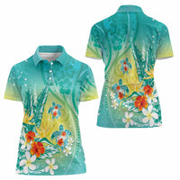 Hawaii Honu Women Polo Shirt Tropical Flowers Turquoise Gradient LT05 - Polynesian Pride