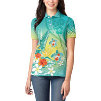 Hawaii Honu Women Polo Shirt Tropical Flowers Turquoise Gradient LT05 - Polynesian Pride