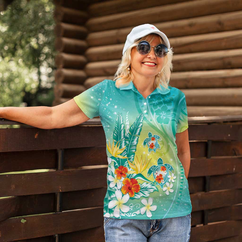 Hawaii Honu Women Polo Shirt Tropical Flowers Turquoise Gradient LT05 - Polynesian Pride