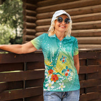Hawaii Honu Women Polo Shirt Tropical Flowers Turquoise Gradient LT05 - Polynesian Pride