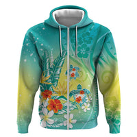 Hawaii Honu Zip Hoodie Tropical Flowers Turquoise Gradient LT05 Zip Hoodie Turquoise - Polynesian Pride