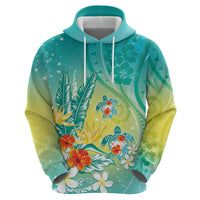 Hawaii Honu Zip Hoodie Tropical Flowers Turquoise Gradient LT05 - Polynesian Pride