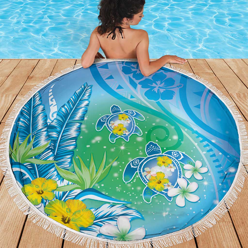Hawaii Honu Beach Blanket Tropical Flowers Blue Gradient LT05 - Polynesian Pride