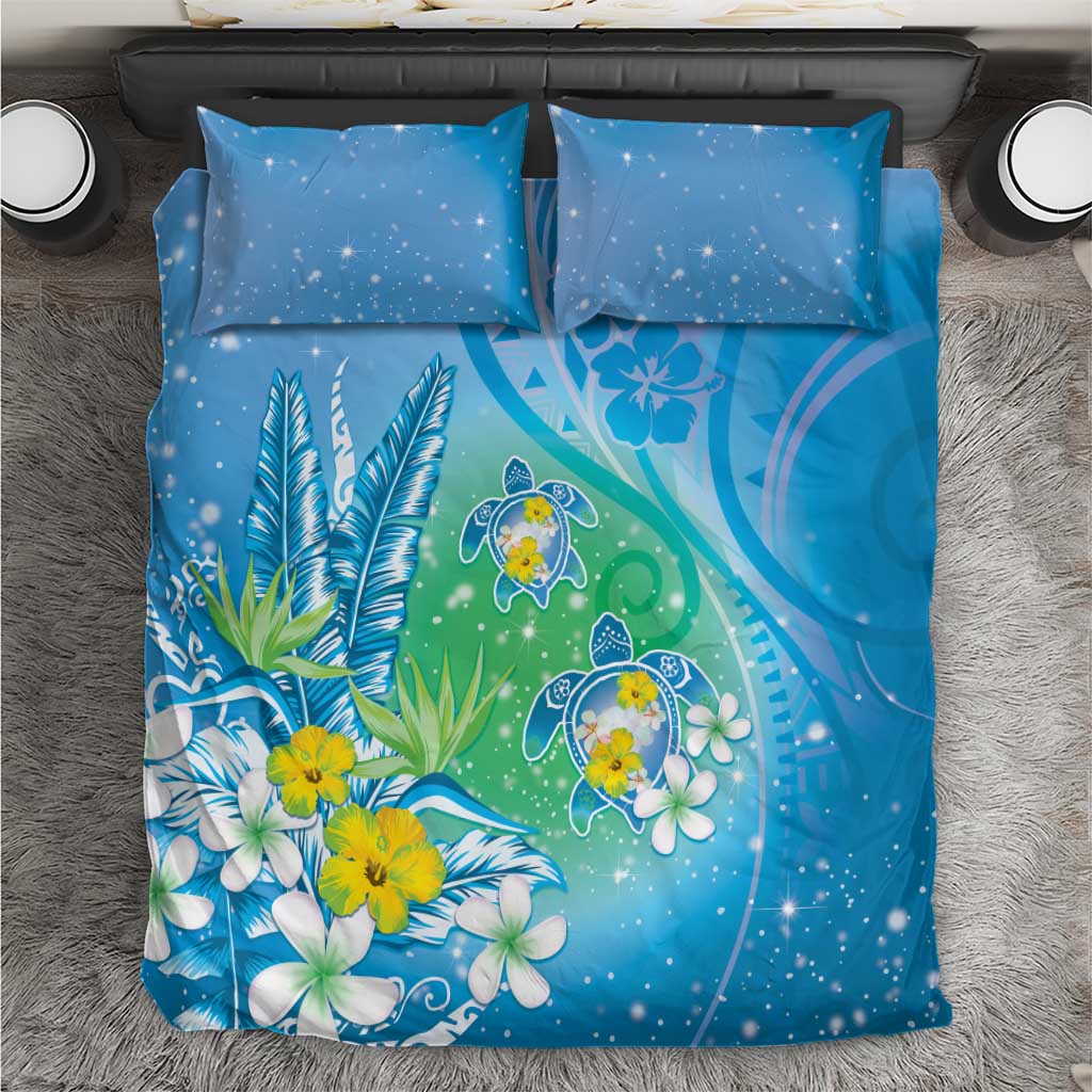 Hawaii Honu Bedding Set Tropical Flowers Blue Gradient LT05 Blue - Polynesian Pride