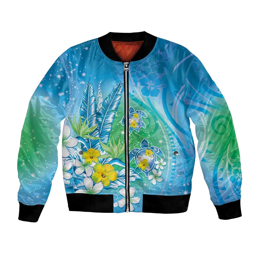 Hawaii Honu Bomber Jacket - Tropical Flowers Blue Gradient LT05 Unisex Blue - Polynesian Pride