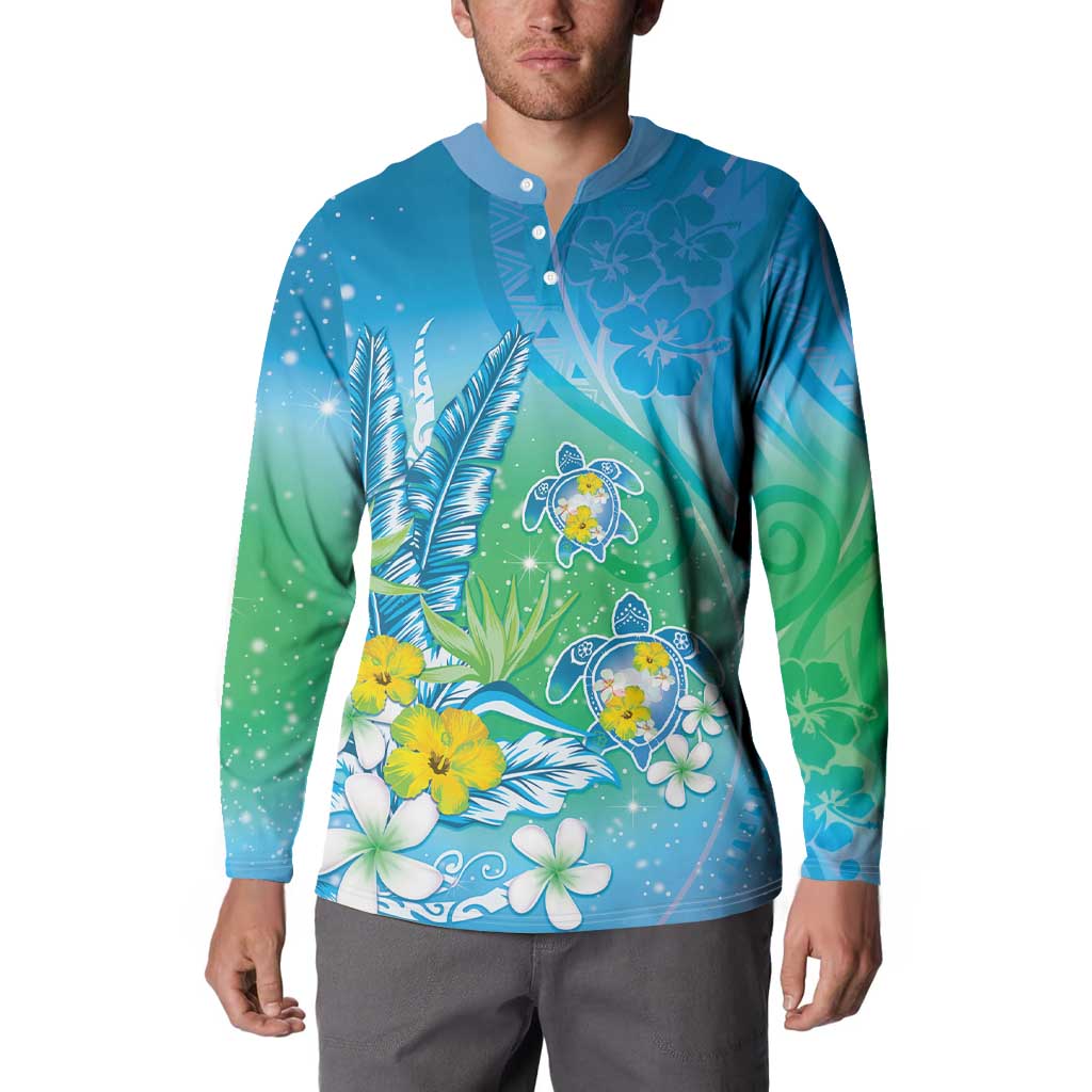 Hawaii Honu Button Sweatshirt Tropical Flowers Blue Gradient LT05 - Polynesian Pride