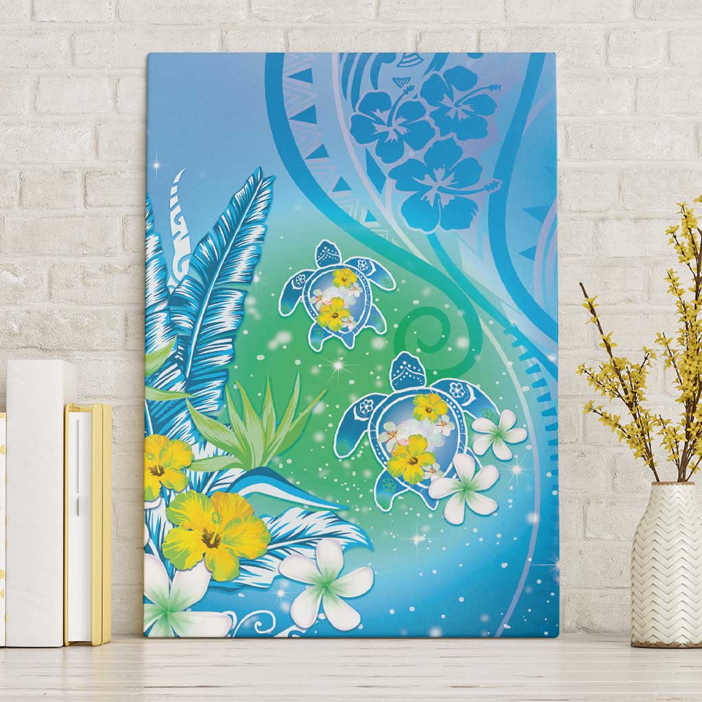 Hawaii Honu Canvas Wall Art Tropical Flowers Blue Gradient