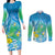 Hawaii Honu Couples Matching Long Sleeve Bodycon Dress and Long Sleeve Button Shirt Tropical Flowers Blue Gradient