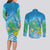 Hawaii Honu Couples Matching Long Sleeve Bodycon Dress and Long Sleeve Button Shirt Tropical Flowers Blue Gradient