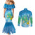 Hawaii Honu Couples Matching Mermaid Dress and Long Sleeve Button Shirt Tropical Flowers Blue Gradient