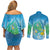 Hawaii Honu Couples Matching Off Shoulder Short Dress and Long Sleeve Button Shirt Tropical Flowers Blue Gradient