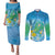 Hawaii Honu Couples Matching Puletasi and Long Sleeve Button Shirt Tropical Flowers Blue Gradient