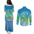 Hawaii Honu Couples Matching Puletasi and Long Sleeve Button Shirt Tropical Flowers Blue Gradient