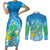 Hawaii Honu Couples Matching Short Sleeve Bodycon Dress and Long Sleeve Button Shirt Tropical Flowers Blue Gradient