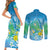 Hawaii Honu Couples Matching Short Sleeve Bodycon Dress and Long Sleeve Button Shirt Tropical Flowers Blue Gradient