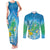 Hawaii Honu Couples Matching Tank Maxi Dress and Long Sleeve Button Shirt Tropical Flowers Blue Gradient