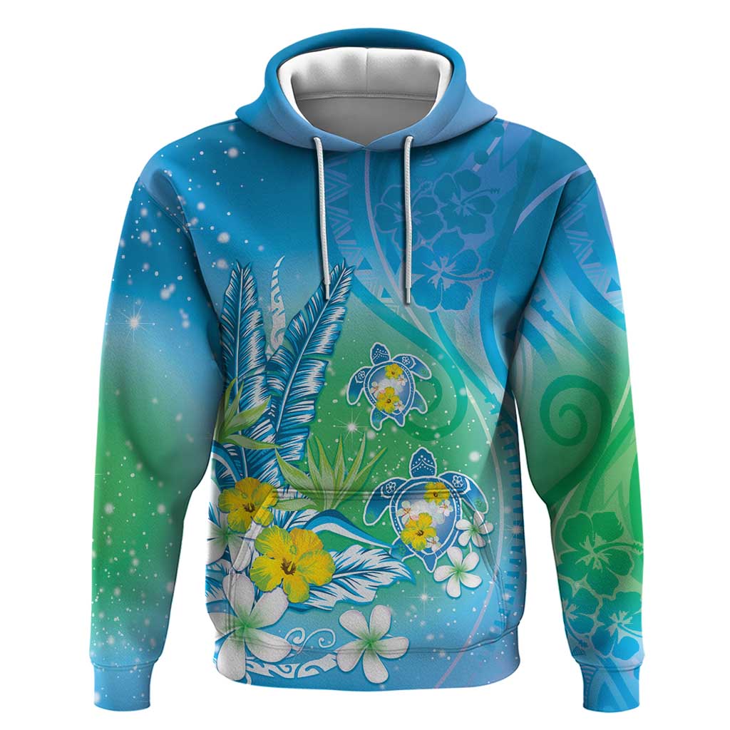 Hawaii Honu Hoodie Tropical Flowers Blue Gradient