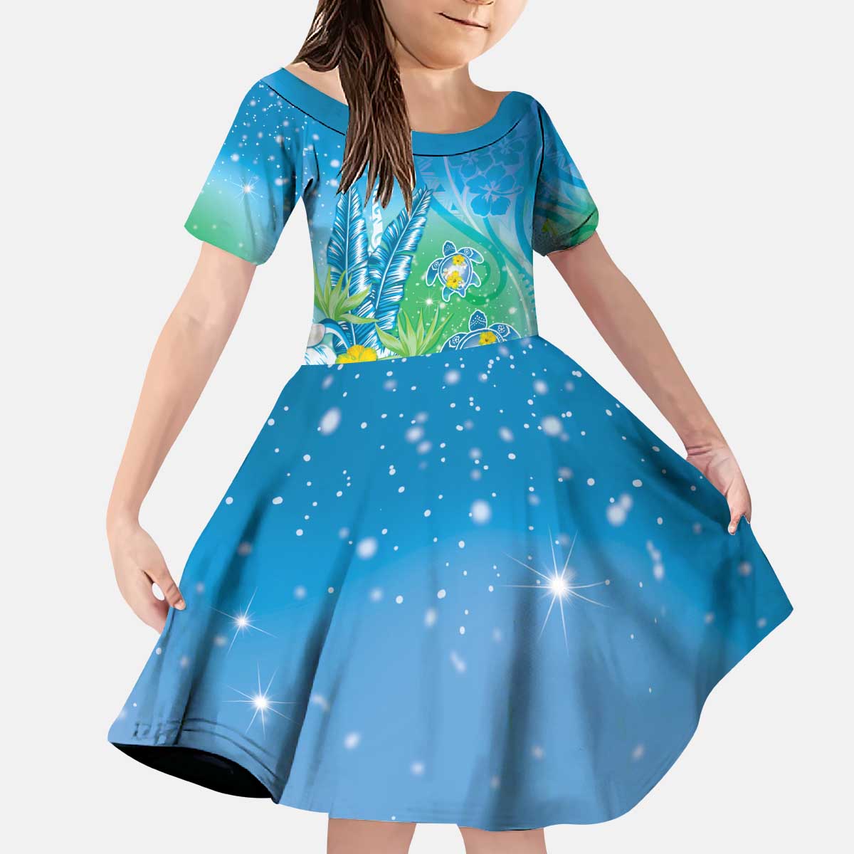 Hawaii Honu Kid Short Sleeve Dress Tropical Flowers Blue Gradient LT05 KID Blue - Polynesian Pride